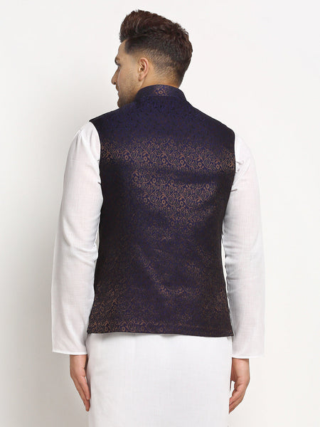 New Designer Men Navy Blue Brocade Nehru Jacket With Golden Work By Luxury at Less