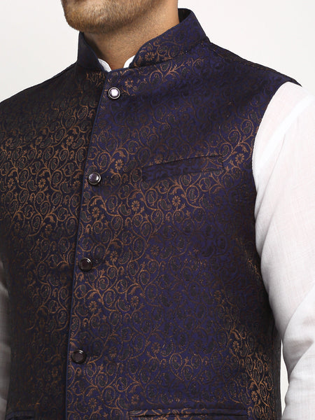 New Designer Men Navy Blue Brocade Nehru Jacket With Golden Work By Luxury at Less