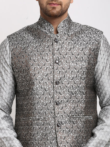 Luxury at Less Ethnic Brocade Grey Kurta Pajama With BlackGrey Nehru Jacket For Men