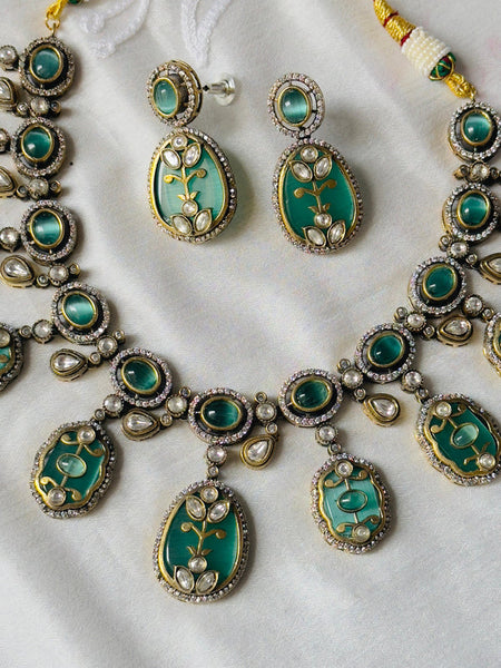 Antique Green Meenakari Necklace Set with Kundan Work  Handcrafted Ethnic Jewelry