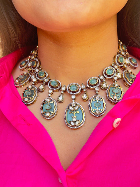 Antique Green Meenakari Necklace Set with Kundan Work  Handcrafted Ethnic Jewelry