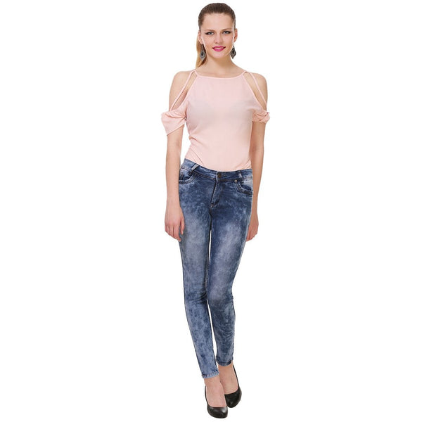 Women's Skinny Fit Heavy Fade Clean Look Blue Streachable Jeans
