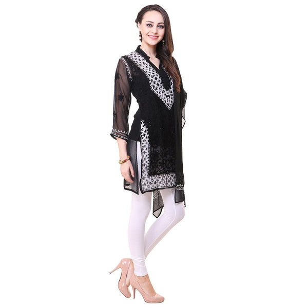Women Lucknow Chikan Georgette Black Kurti