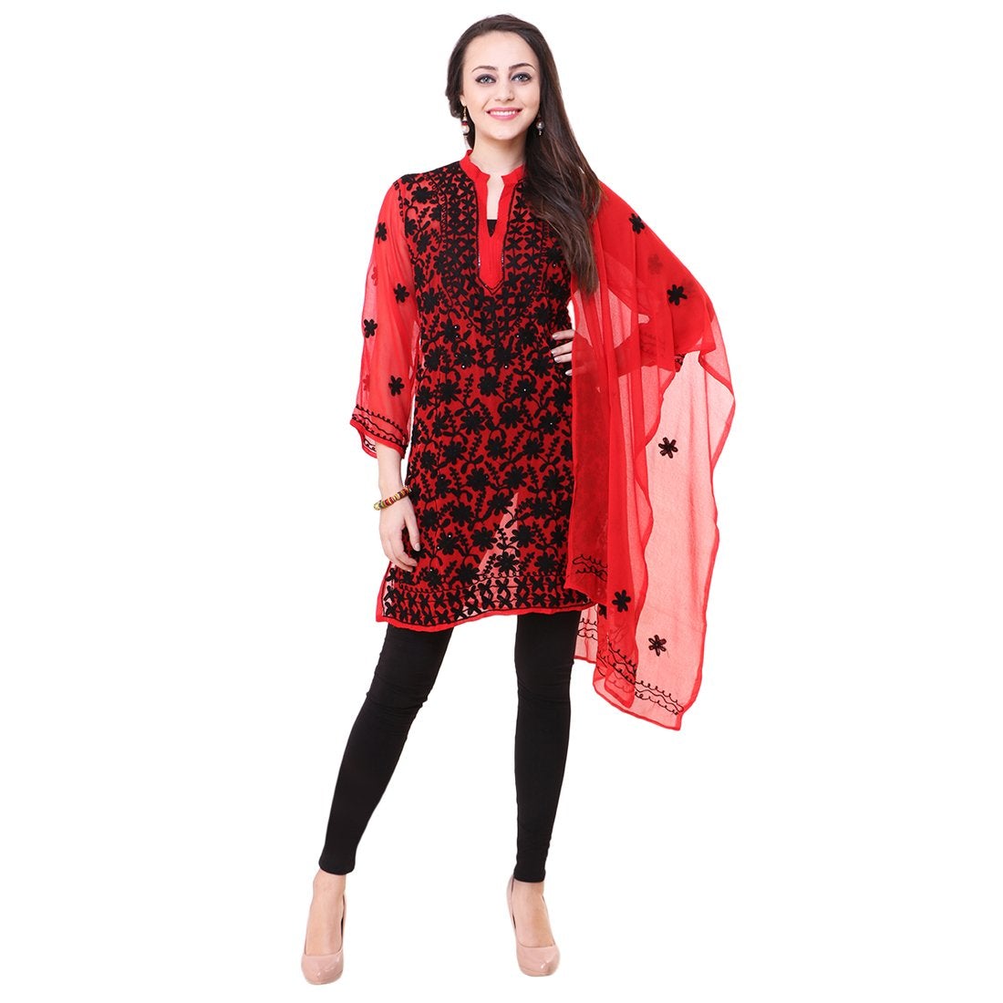 Women Lucknow Chikan Georgette Red Kurti