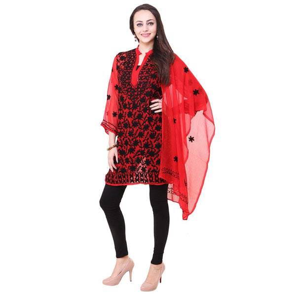Women Lucknow Chikan Georgette Red Kurti
