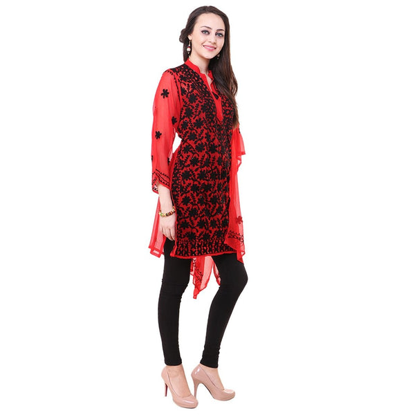 Women Lucknow Chikan Georgette Red Kurti