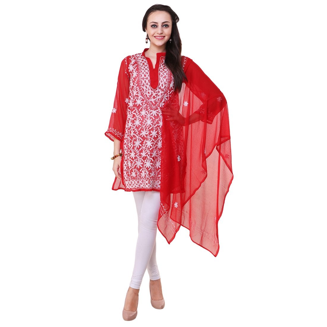 Women Lucknow Chikan Georgette Red Kurti