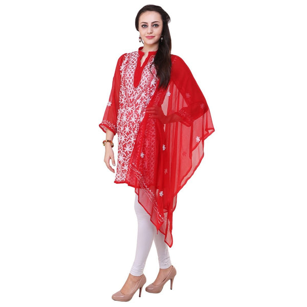 Women Lucknow Chikan Georgette Red Kurti