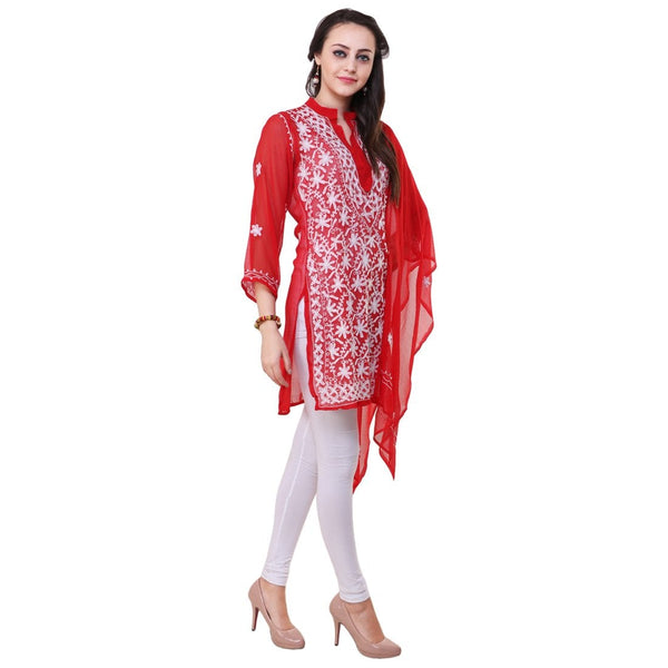 Women Lucknow Chikan Georgette Red Kurti