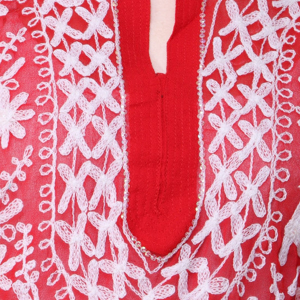 Women Lucknow Chikan Georgette Red Kurti