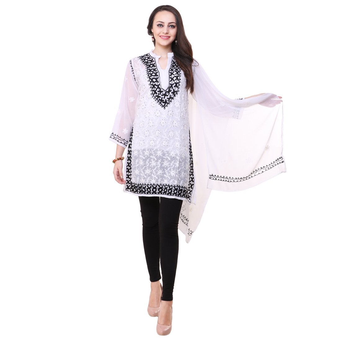 Women Lucknow Chikan Georgette White Kurti
