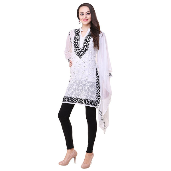 Women Lucknow Chikan Georgette White Kurti