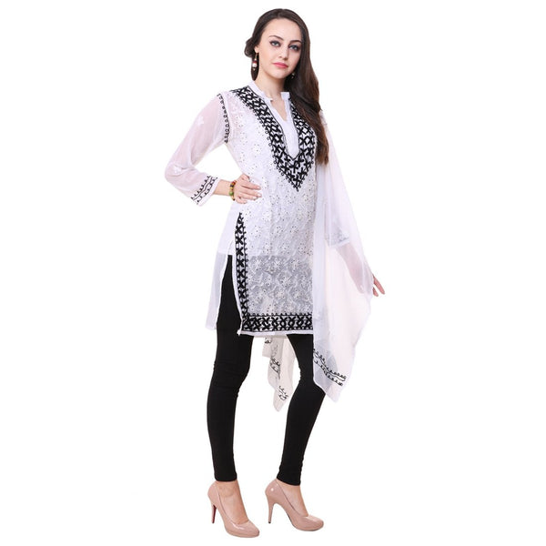 Women Lucknow Chikan Georgette White Kurti