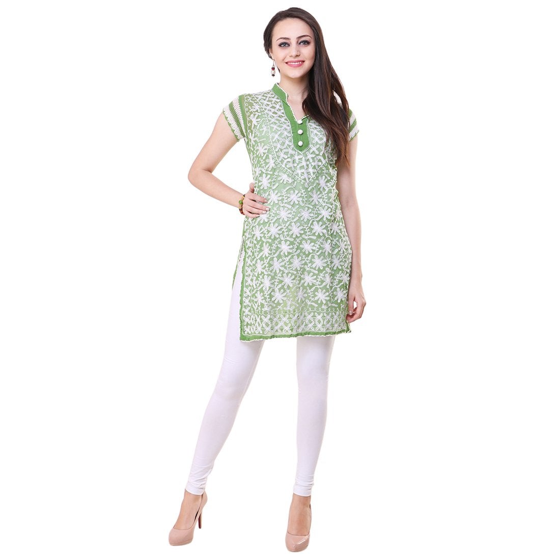 Women Lucknow Chikan Georgette Green Kurti