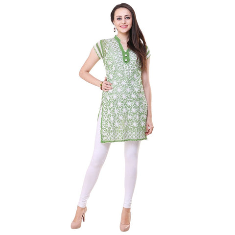 Women Lucknow Chikan Georgette Green Kurti