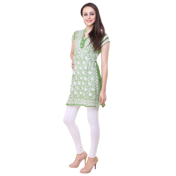Women Lucknow Chikan Georgette Green Kurti
