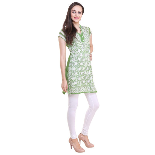 Women Lucknow Chikan Georgette Green Kurti