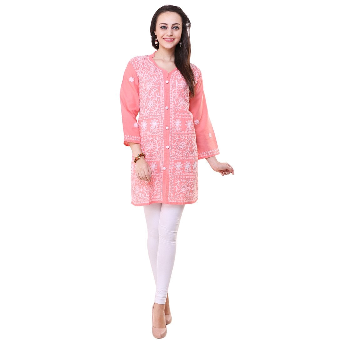 Women Lucknow Chikan Georgette Peach Kurti