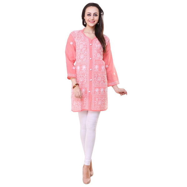 Women Lucknow Chikan Georgette Peach Kurti