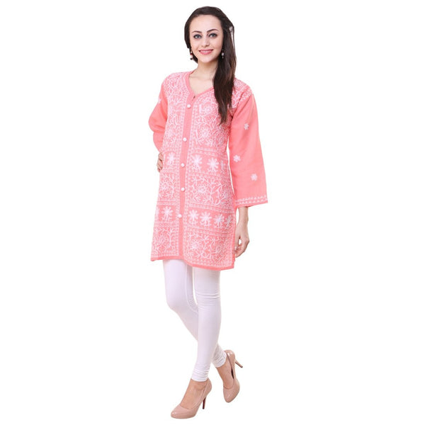 Women Lucknow Chikan Georgette Peach Kurti