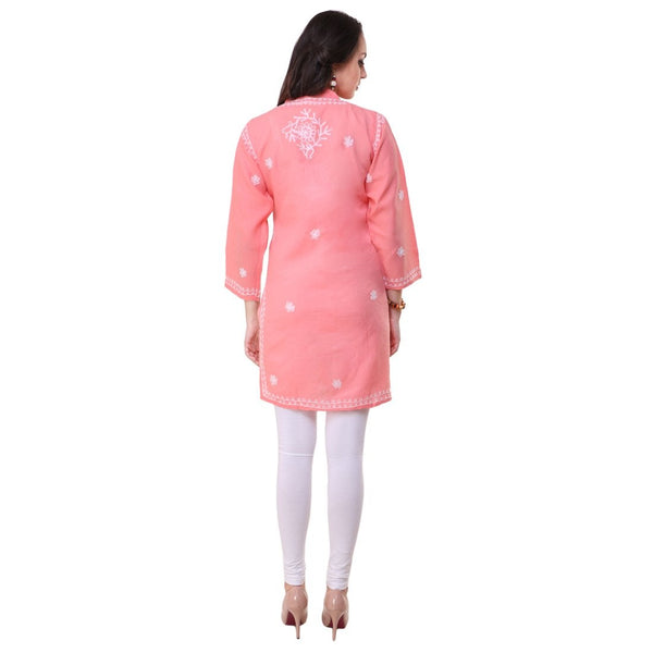 Women Lucknow Chikan Georgette Peach Kurti