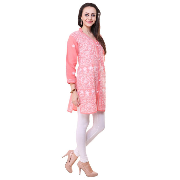 Women Lucknow Chikan Georgette Peach Kurti