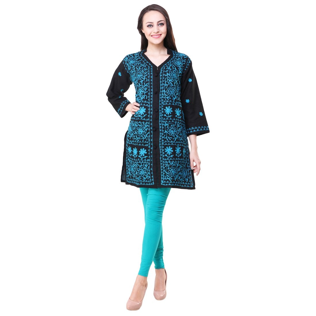 Women Lucknow Chikan Georgette Black Sky Kurti
