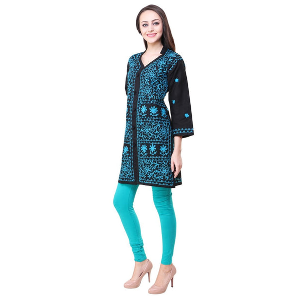 Women Lucknow Chikan Georgette Black Sky Kurti