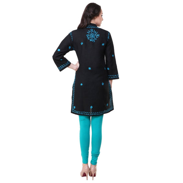 Women Lucknow Chikan Georgette Black Sky Kurti