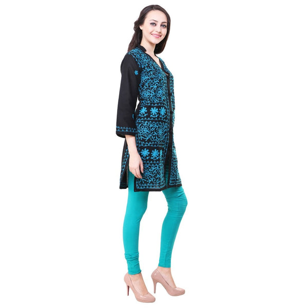 Women Lucknow Chikan Georgette Black Sky Kurti