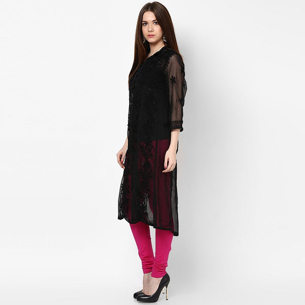 Women Lucknow Chikan Georgette Black Kurti