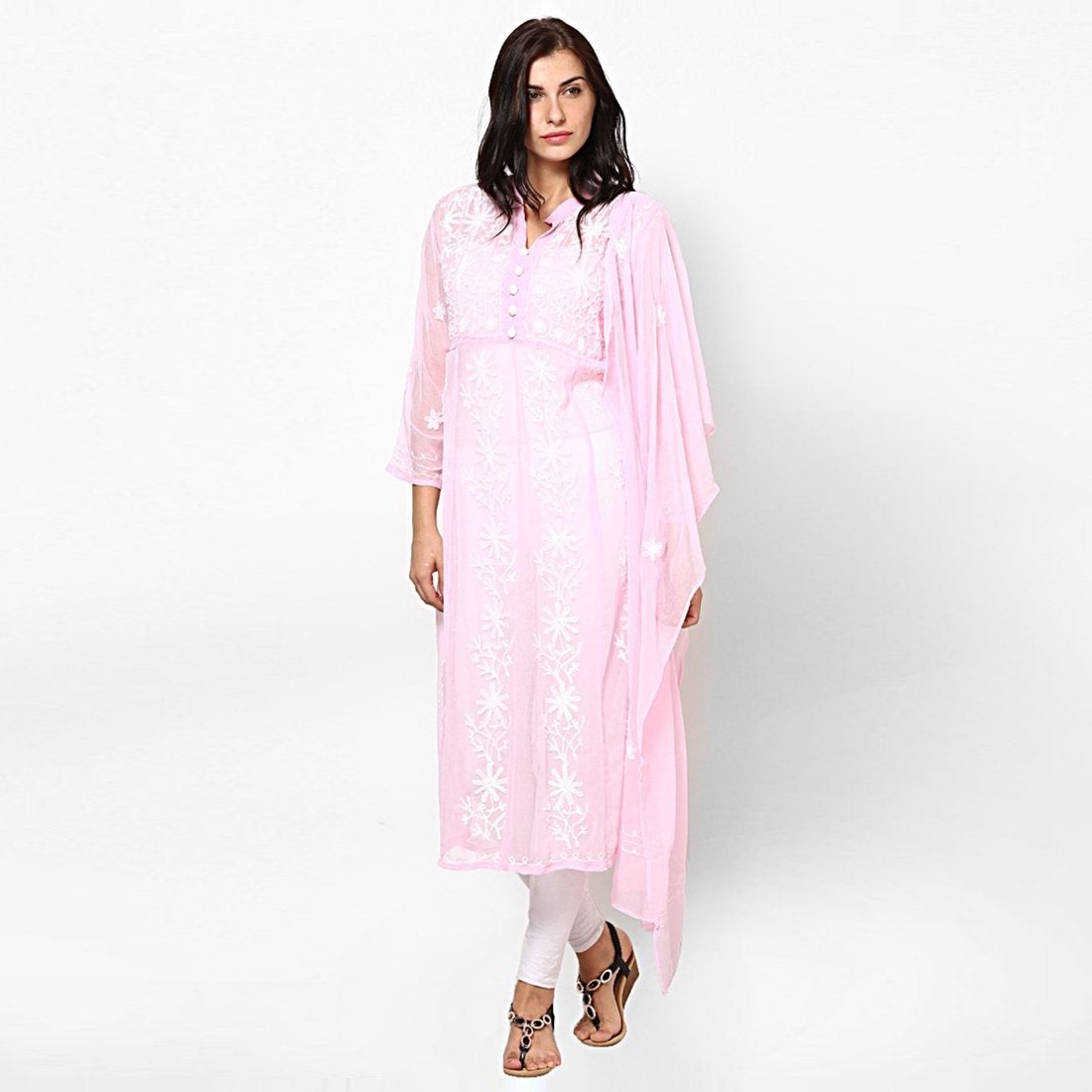 Women Lucknow Chikan Georgette Pink Kurti