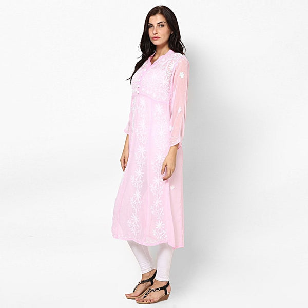 Women Lucknow Chikan Georgette Pink Kurti