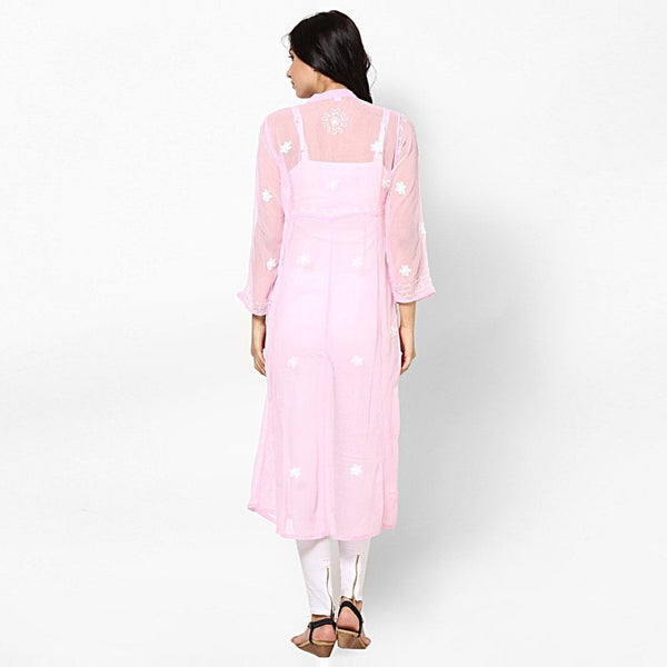 Women Lucknow Chikan Georgette Pink Kurti