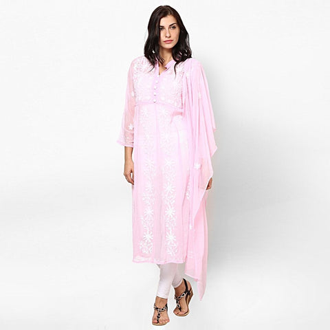 Women Lucknow Chikan Georgette Pink Kurti