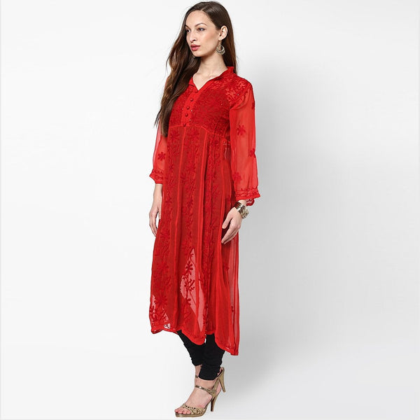 Women Lucknow Chikan Georgette Red Kurti