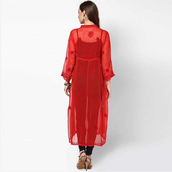 Women Lucknow Chikan Georgette Red Kurti
