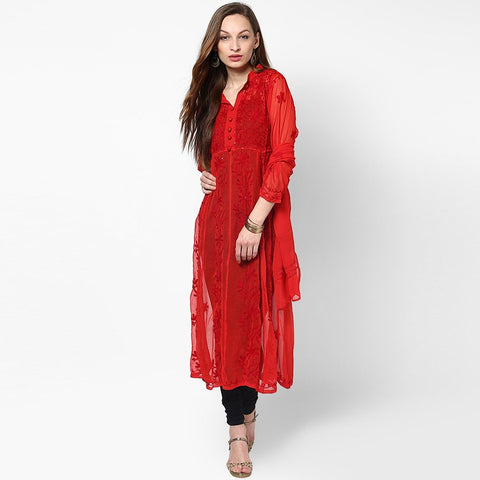 Women Lucknow Chikan Georgette Red Kurti