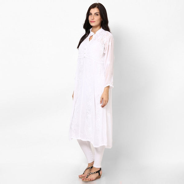 Women Lucknow Chikan Georgette White Kurti