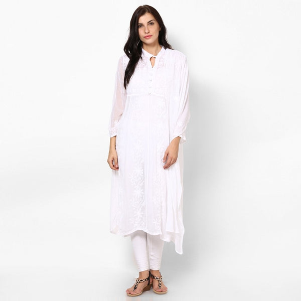 Women Lucknow Chikan Georgette White Kurti