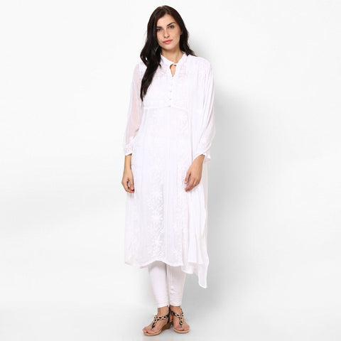 Women Lucknow Chikan Georgette White Kurti