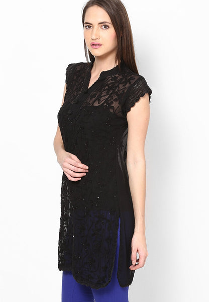 Women Lucknow Chikan Georgette Black Kurti