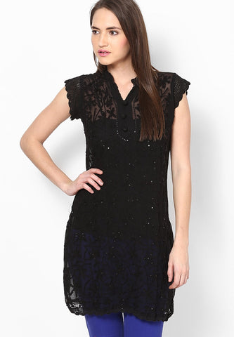 Women Lucknow Chikan Georgette Black Kurti