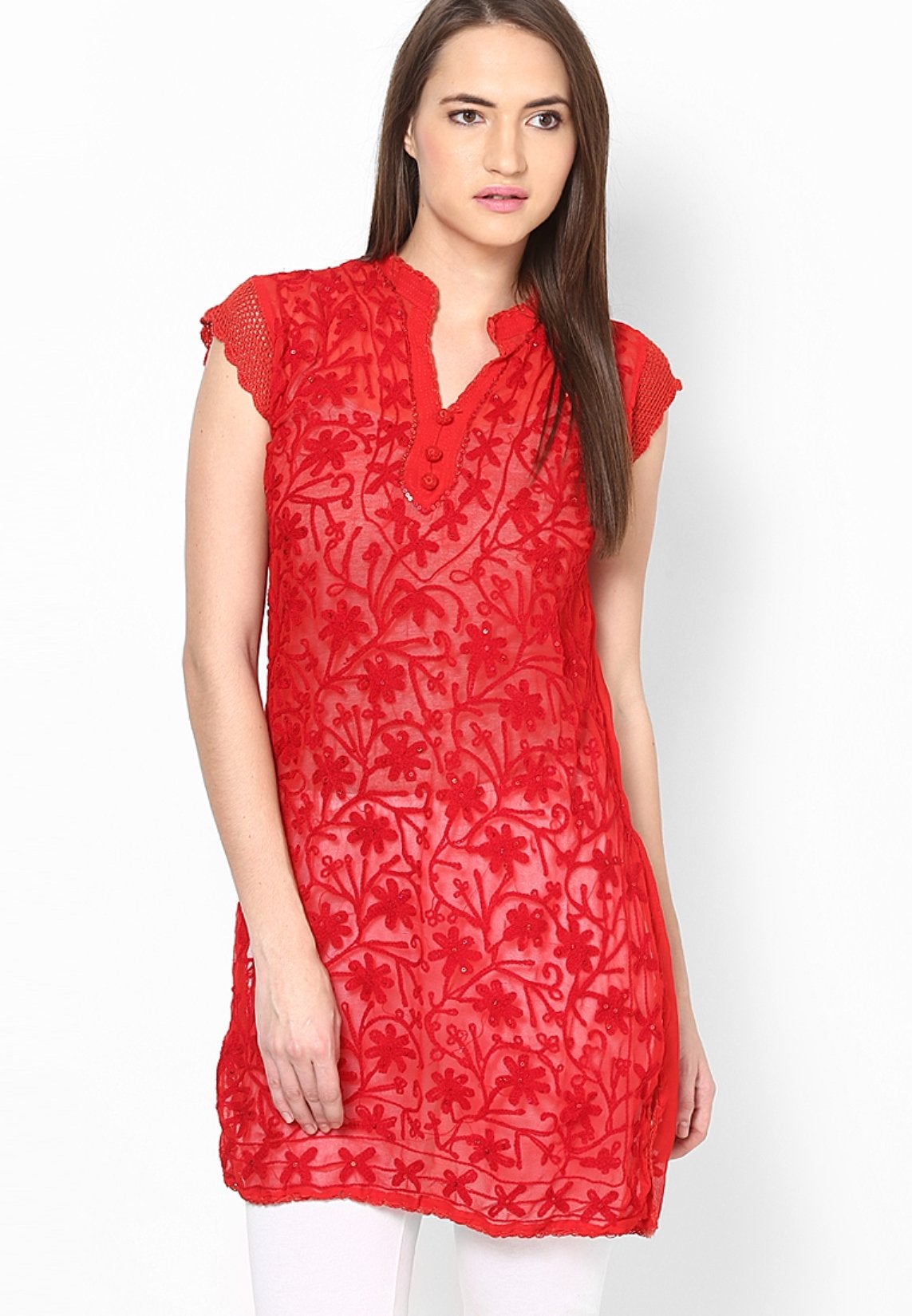 Women Lucknow Chikan Georgette Red Kurti