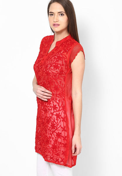 Women Lucknow Chikan Georgette Red Kurti