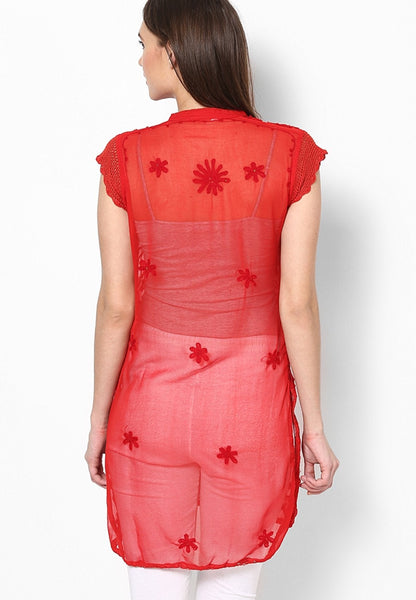 Women Lucknow Chikan Georgette Red Kurti