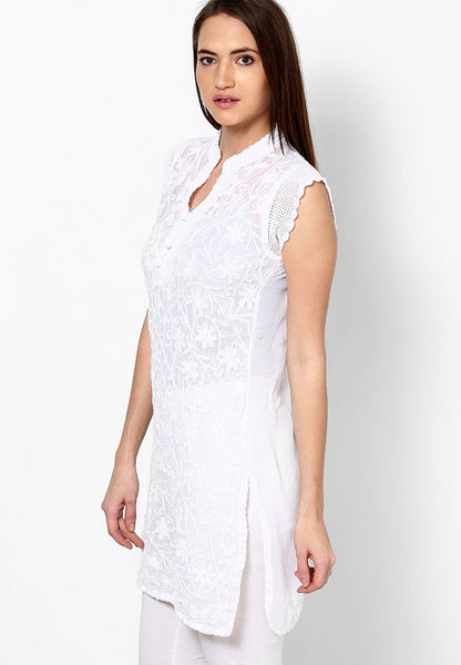 Women Lucknow Chikan Georgette White Kurti