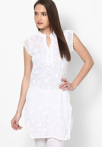 Women Lucknow Chikan Georgette White Kurti