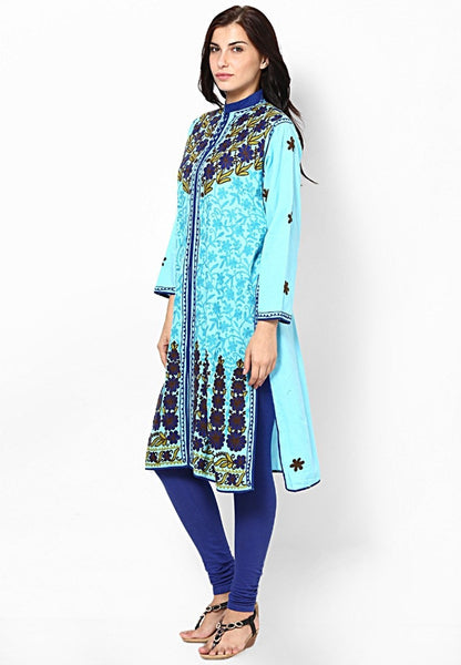 Women Lucknow Chikan Georgette Blue Kurti
