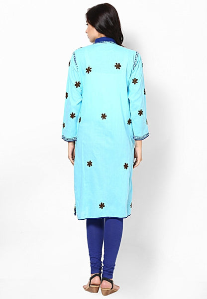 Women Lucknow Chikan Georgette Blue Kurti